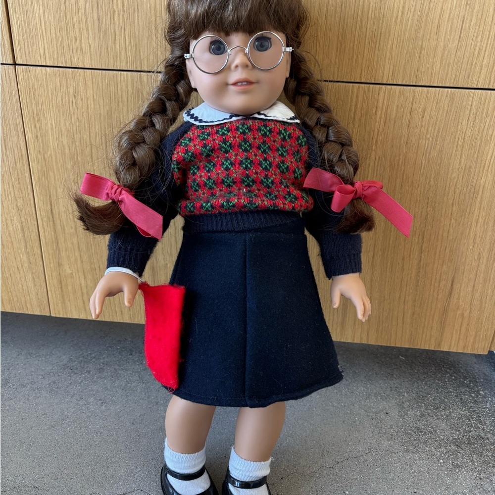 American Girl Doll in Red and Navy Outfit with Glasses